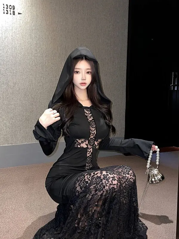 

Готический кружевной костюм ведьмы на Хэллоуин Dr для женщин больших размеров с высокой талией и крестообразным дизайном, сексуальный длинный полиэстер Dr