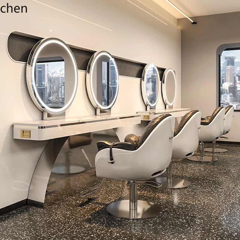 HT light high-end barber shop mirror table hair cutting mirror hair salon mirror stainless steel  cabinet integrated table