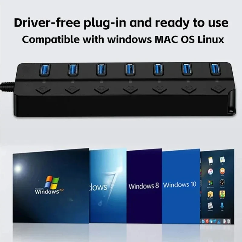 

2025 USB3.0 HUB 4in1 7in1USB Splitter 2.0 USB Adapter Multi-Port Independent Power Switch Extender 30CM Cable