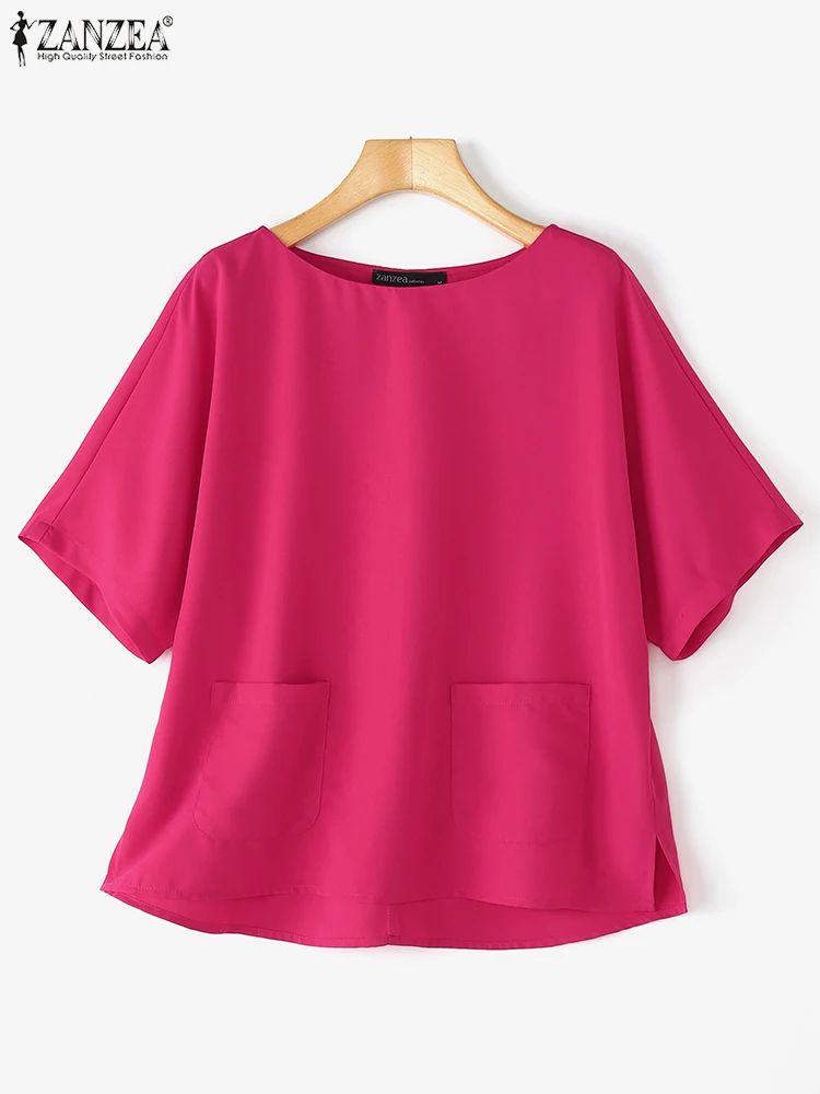 ZANZEA Women Blouse Casual Loose Pockets O Neck Tops 2025 Summer Solid Color Blusas Fashion Pullover Oversized S-5XL Tunic
