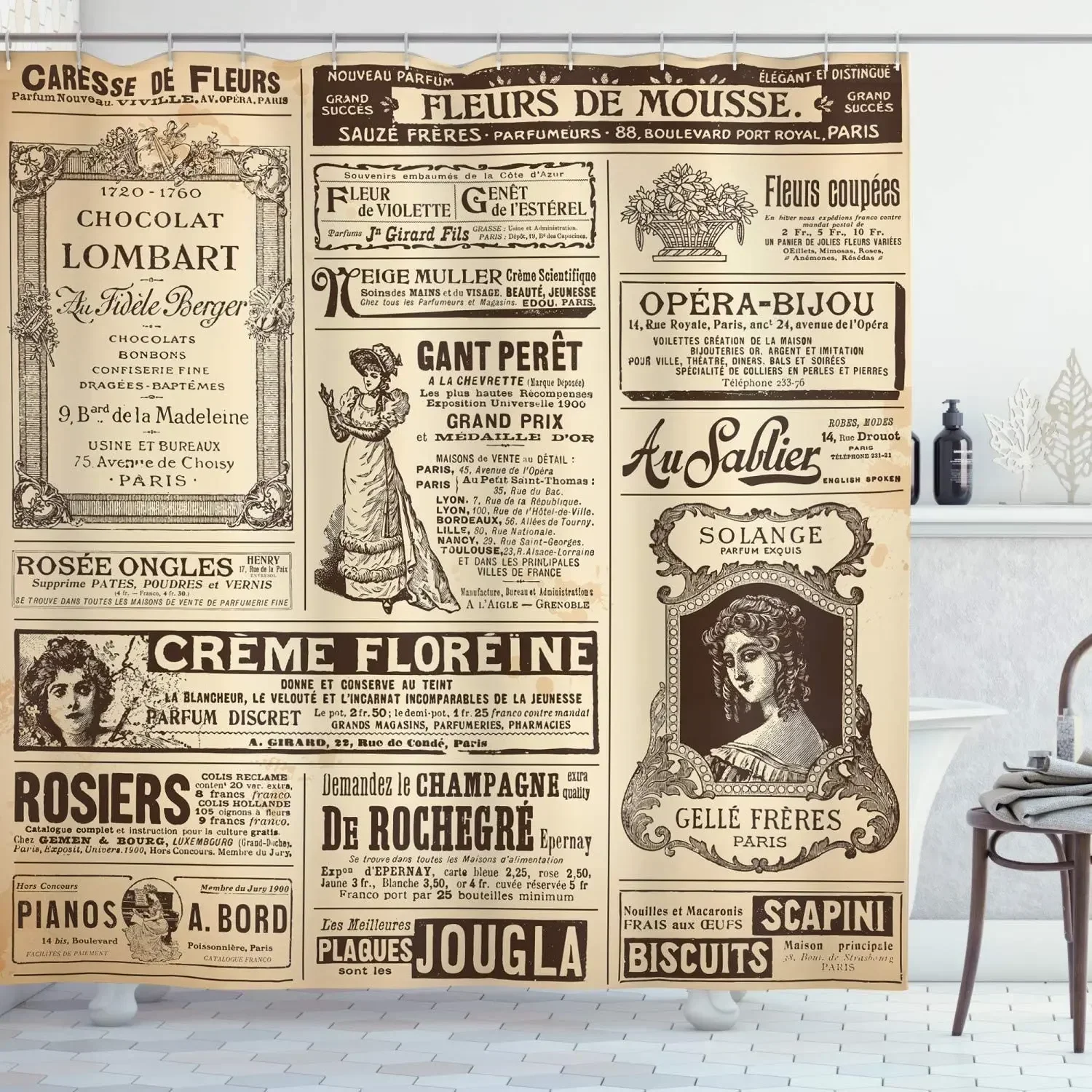 Paris Shower Curtain Vintage Old Historic Newspaper French Paper Lettering Art Design Cloth Fabric Bathroom Decor Set with Hooks