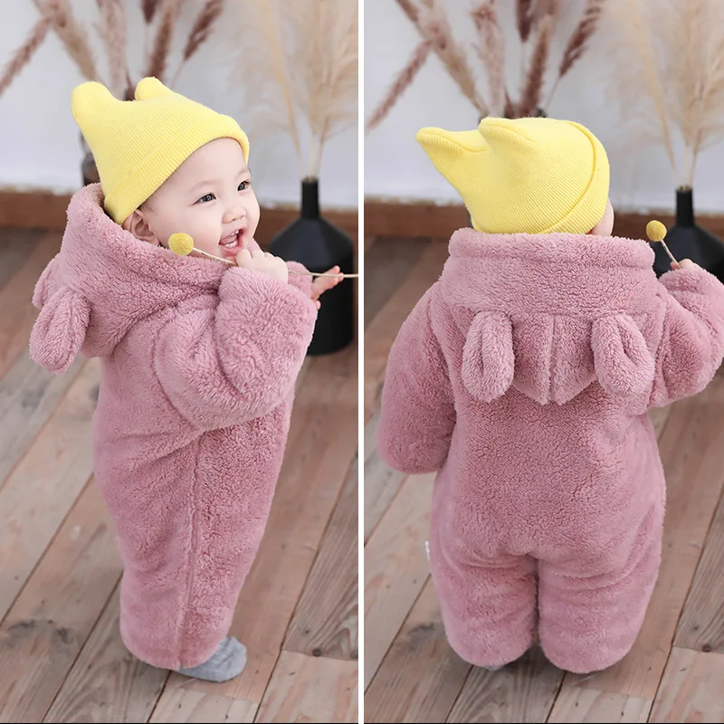 Baby Boy Clothes Cute Plush Bear Baby Rompers Autumn Winter Keep Warm Hooded Infant Girls Overall Jumpsuit Newborn Romper 0-18M