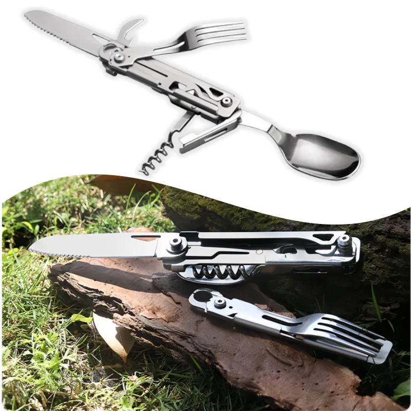 

All-in-One Camping Utensil, 6-in-1 420Stainless Steel Folding Tool with Knife Fork Spoon for Outdoor Camping Hiking Gift for Men