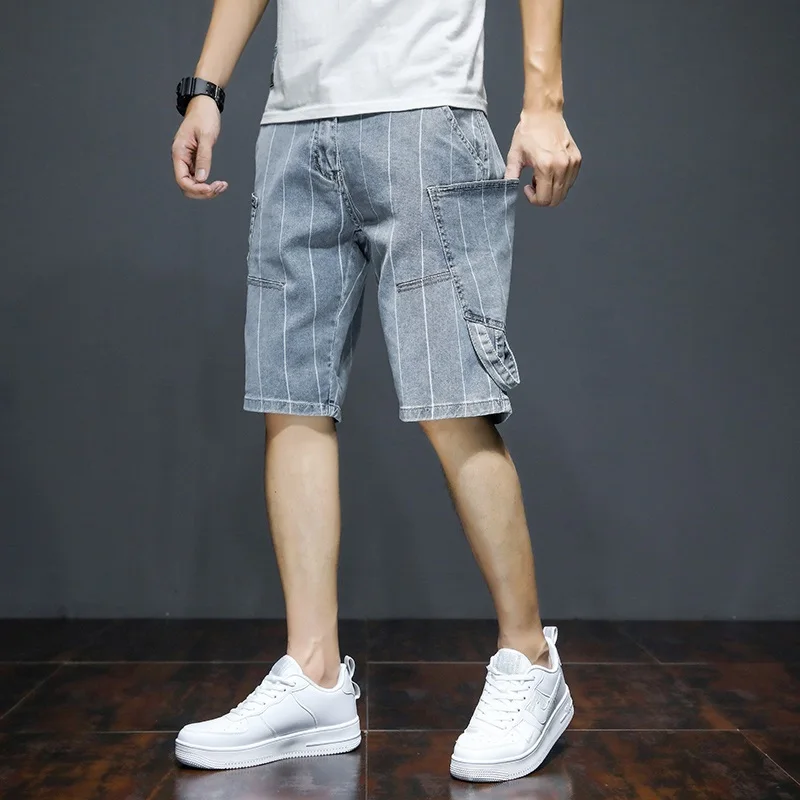 

Summer Thin Stripe Denim orts Men's Loose Straight Cut Light Blue Side ket Pants Five-Quarter Mid-Pants