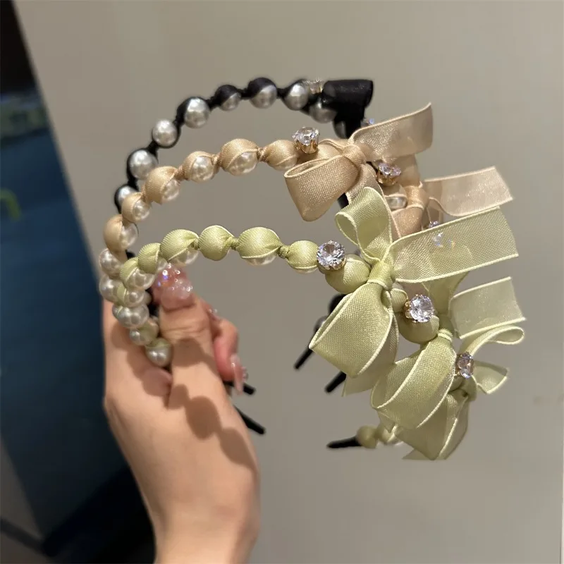 

Korean Style Pearl Headband – Ribbon Bow & Beaded Hair Hoop, Elegant Hair Accessory for Girls & Women