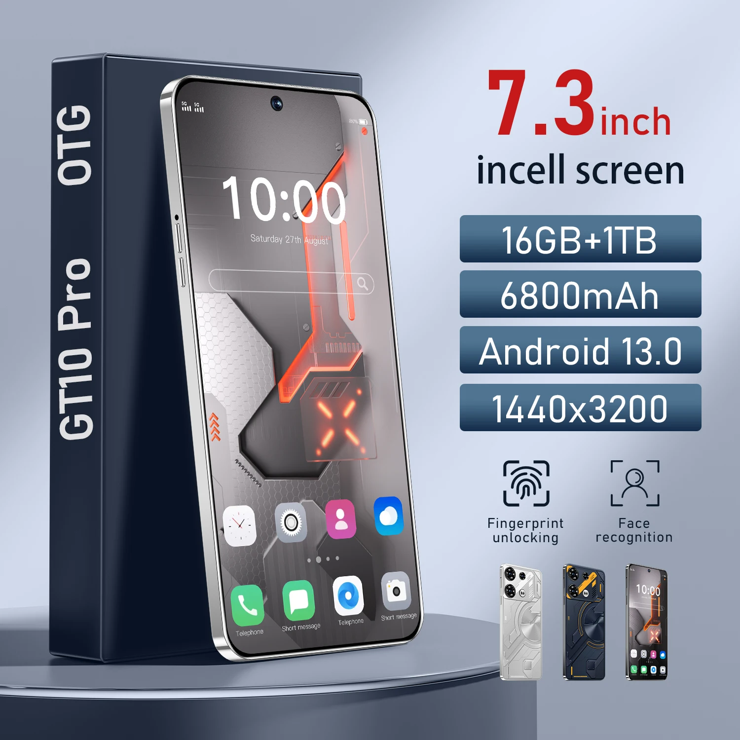 Global Version GT10 Pro  5G Smartphone 7.2 Inch 16GB RAM+1024GB ROM Snapdragon8gen3,108MP Camera 6800Mah Battery Android Phone