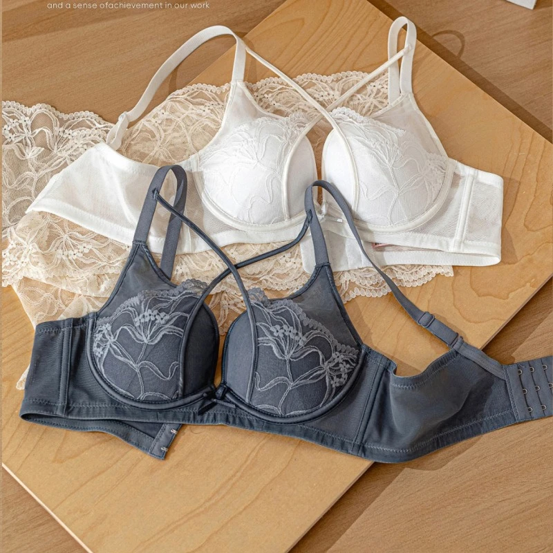 Women's Underwire Bra - Delicate Embroidery Breathable Sheer Mesh, Crisscross Straps, Gathering & Comfortable Underwear