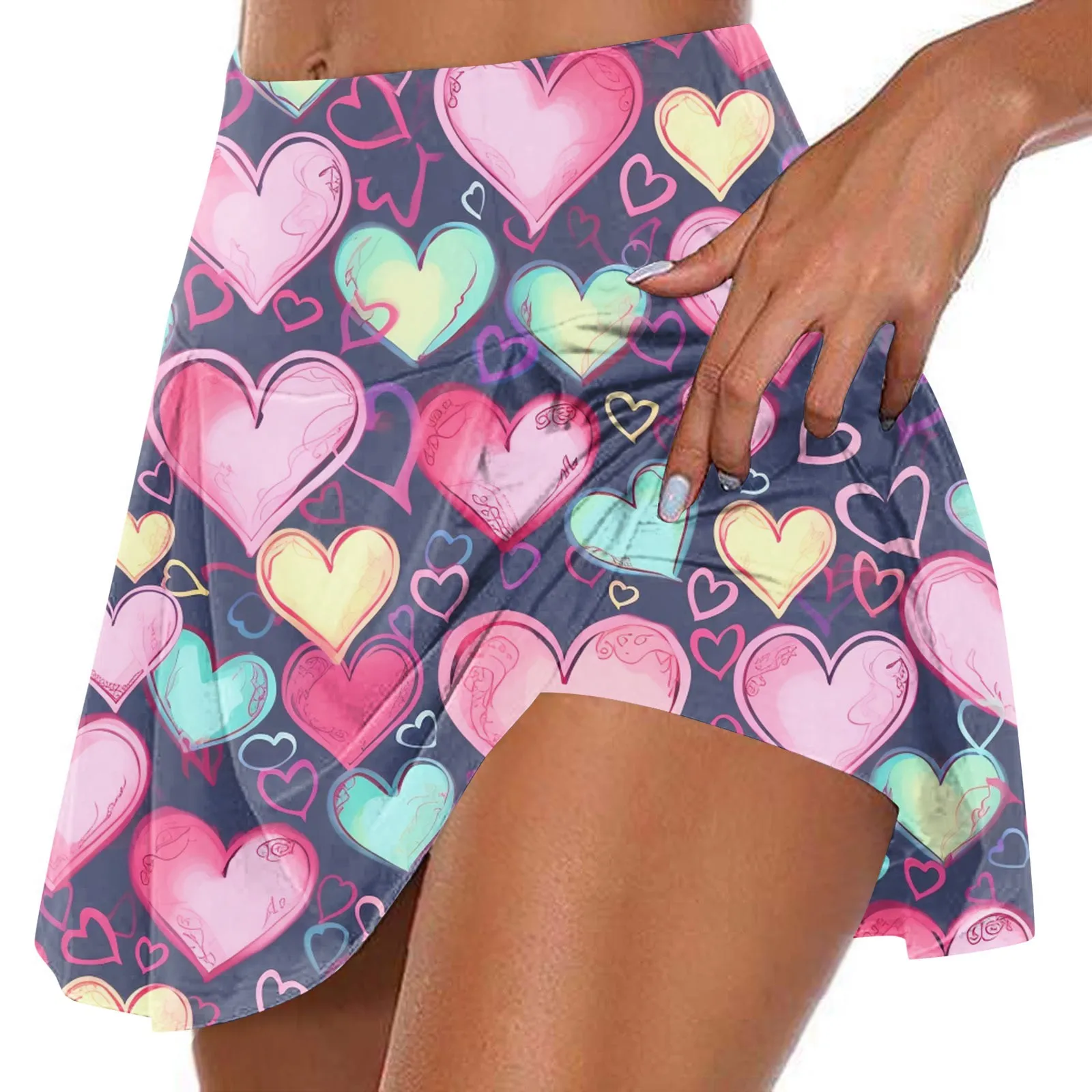 Women'S Valentine'S Day Print Athletic Stretchy Pleated Tennis Skirts Run Yoga Inner Shorts Elastic Sports Golf Skorts スカート