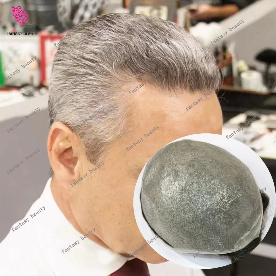 1ب80 520 #   أسود رمادي خط شعر طبيعي فائق 80 كثافة 0.02 مللي متر جلد رقيق للغاية غير قابل للاكتشاف Vloop للرجال شعر مستعار صناعي للشعر البشري