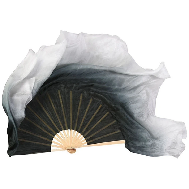 2 Layers Half Moon Real Silk Veils Double Side Fan Hand Made Dance Fan Pair For Folk Dance Show Props Black White Silk Fan 1L+1R