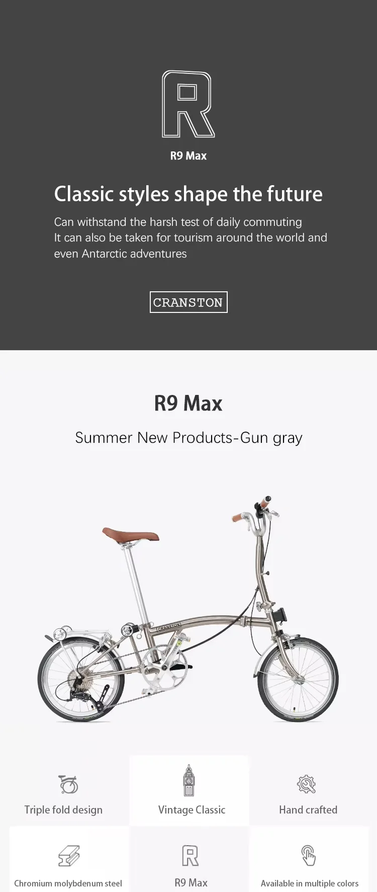 CRANSTON 16-inch 9-speed R9 Max Tri-folding Bike Electroplate Steel Frame Light Weight Foldable Bike S bar M BAR Folding Bicycle view 6