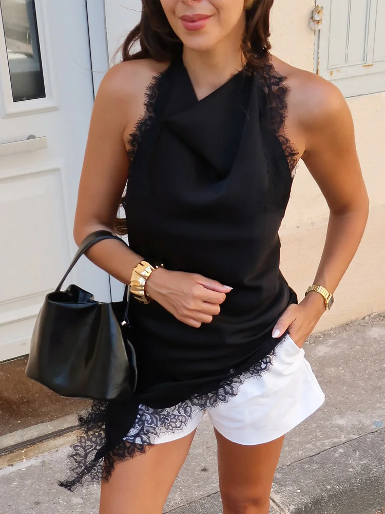 

HH Женский модный универсальный кружевной топ без рукавов с открытой спиной + молния со средней талией, шелковый атлас, текстурированный подол, юбка с разрезом, костюм