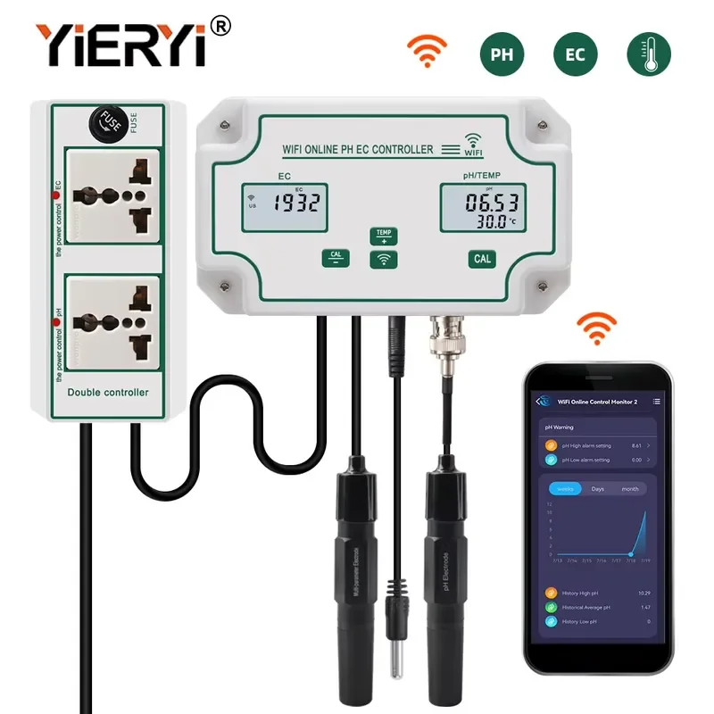 Online APP Control PH Controller Data Logger Function ECMeter 0-199.0ms/cm for Aquariums Hydroponics Aquacult pH