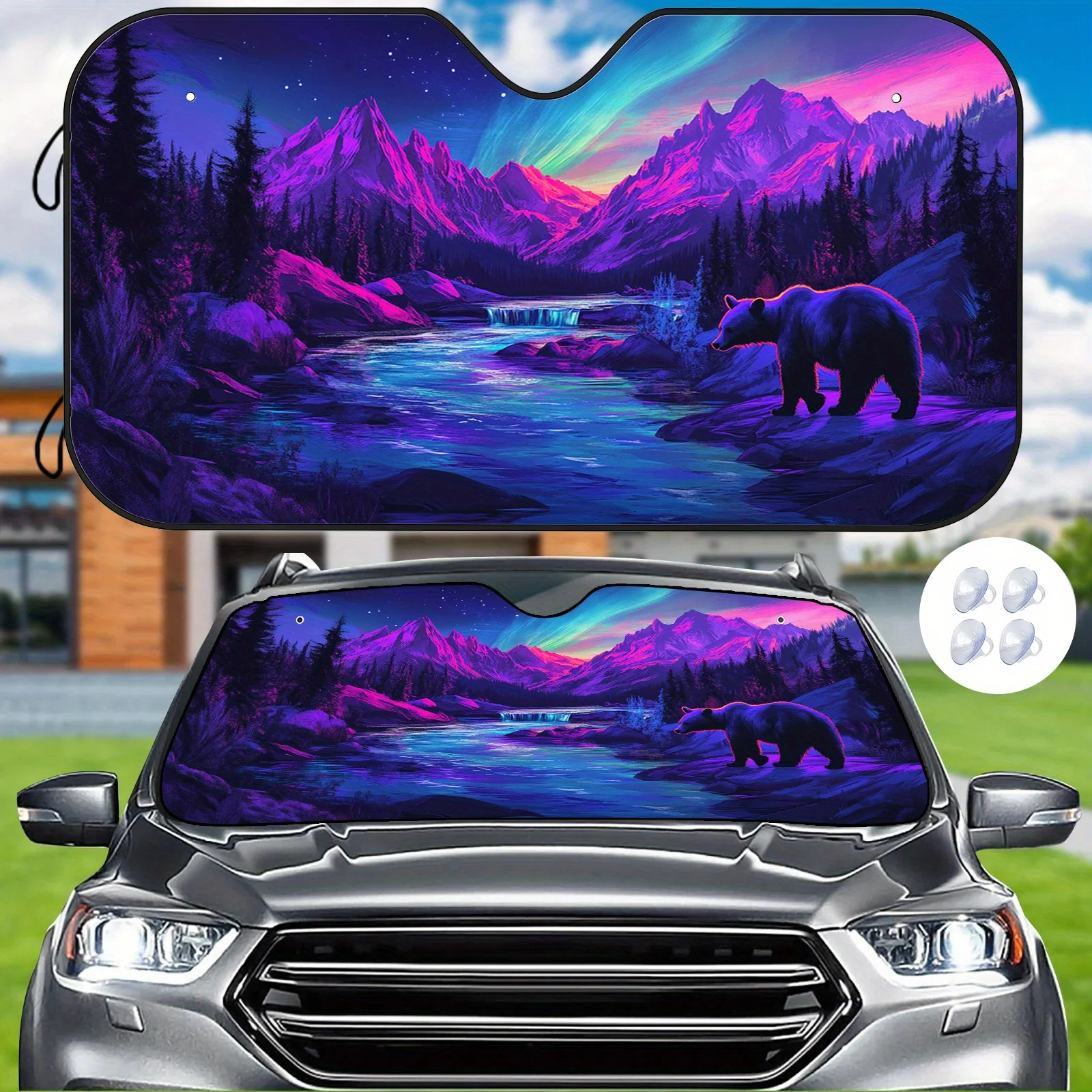 

1 шт. чехол на лобовое стекло автомобиля с принтом горного пейзажа Aurora Borealis - теплоизоляция, устойчивая к царапинам, защита от ультрафиолета, медведь