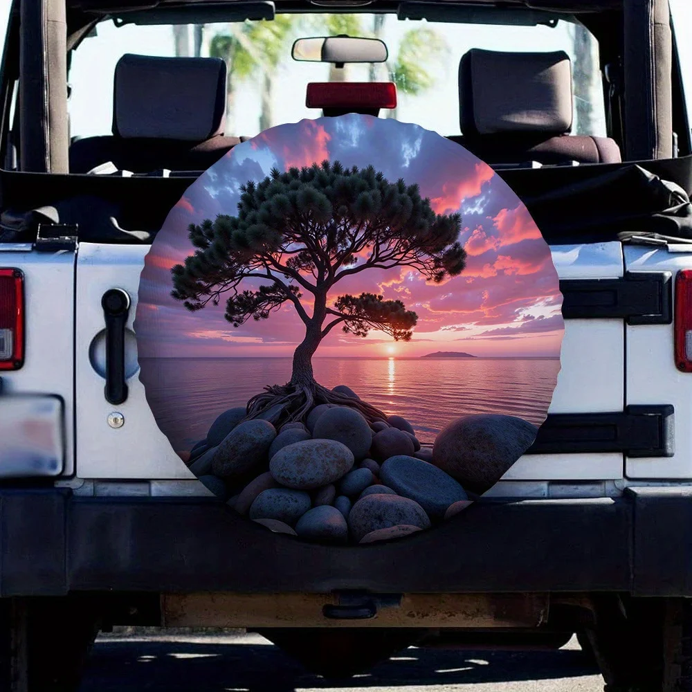 1pc Durable Purple Sunset Tree Tire Cover - Polyester, No Electricity Needed, Ideal For Road Trips & Camping, Adds Elegant Sunse