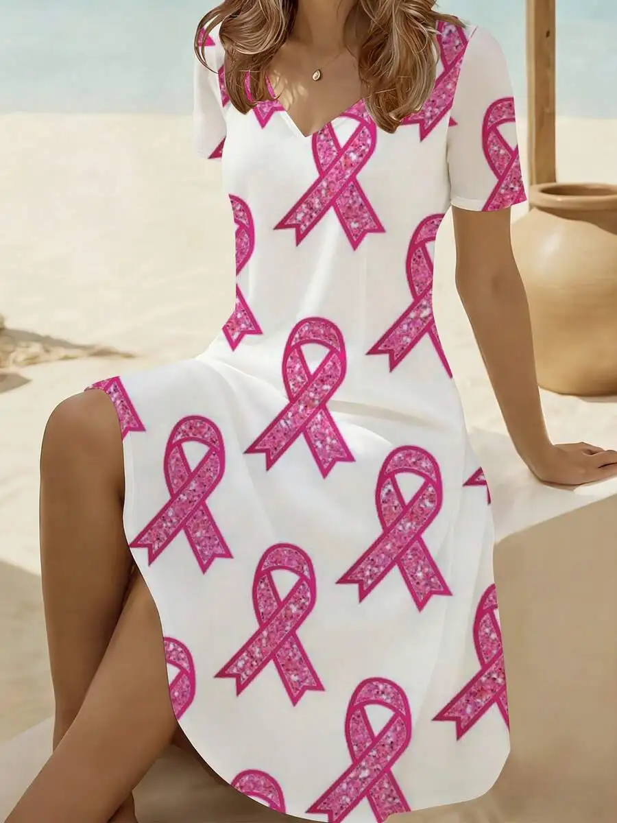 

Pink Ribbon Print Women V Neck Short Sleeve Dress Comfortable Breathable Casual Festival Leisure Dress
