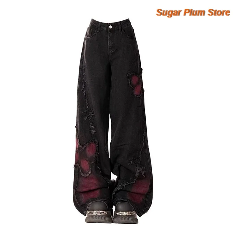 American Retro Women's Autumn and Winter New Loose Straight Wide-leg Jeans Butterfly Patch and Hole Tassels Are Soft and Slim.