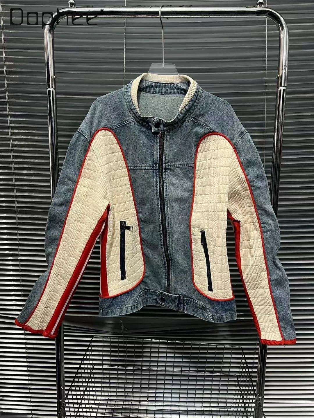 

American High Street Contrast Color Denim Jacket Splicing Stand Collar Long Sleeve Zipper Short Coats 2024 Spring Autumn Fashion