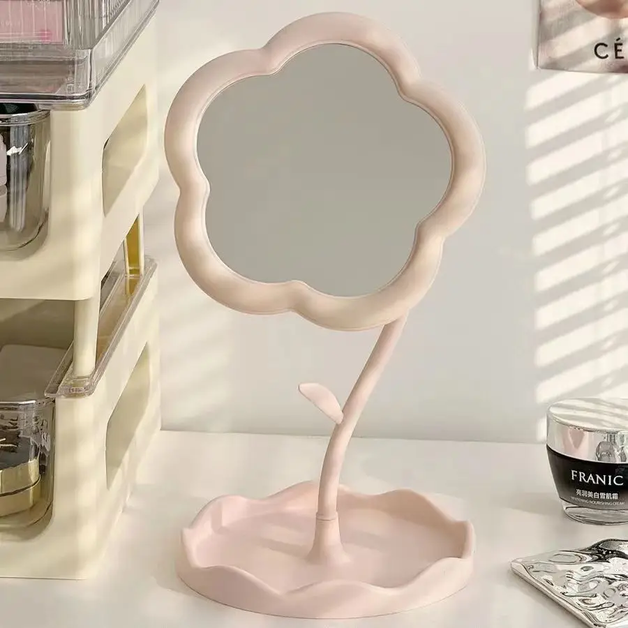 Ins Style Flower Mirror, Office Bedroom Desktop High-Value Storage Makeup Mirror, Cute Makeup Mirror That Can Rotate