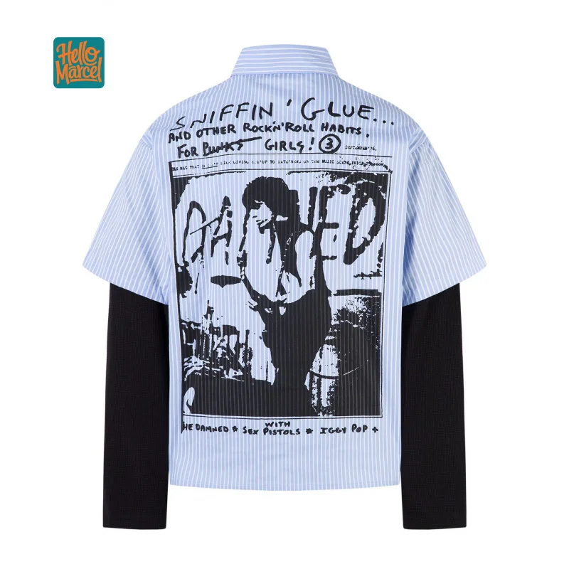 HELLOMARCEL EU US Size Luxury Quality Casual Shirt Street Wear Vitnage Autumn Oversize Striped Fake Two-Piece Shirt For Men