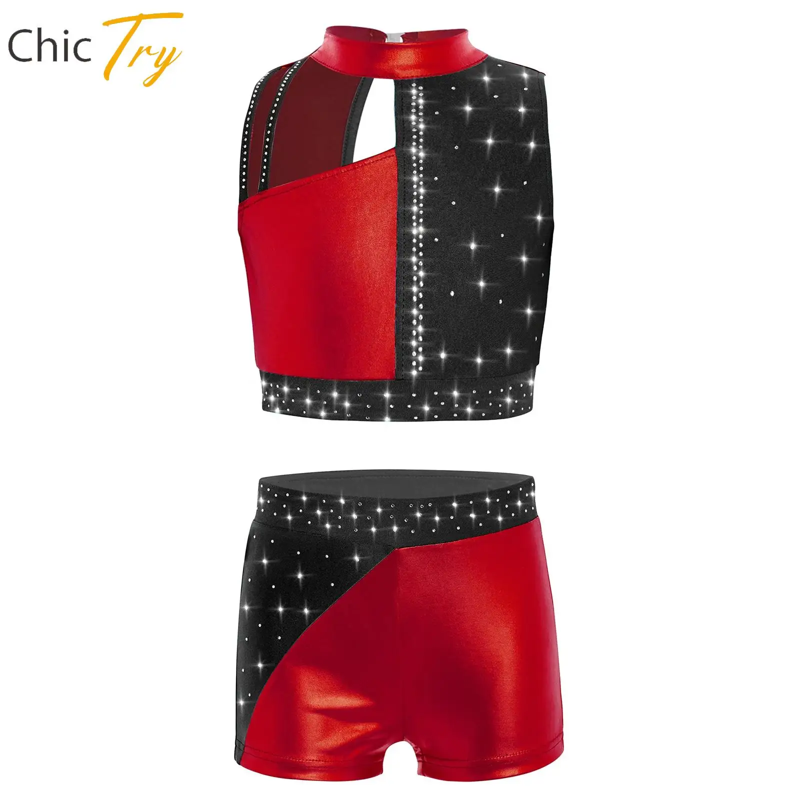 

2Pcs Kids Girls Ballet Dance Sets Rhythmic Gymnastics Figure Skating Outfit Rhinestones Sleeveless Metallic Crop Top+Shorts Sets