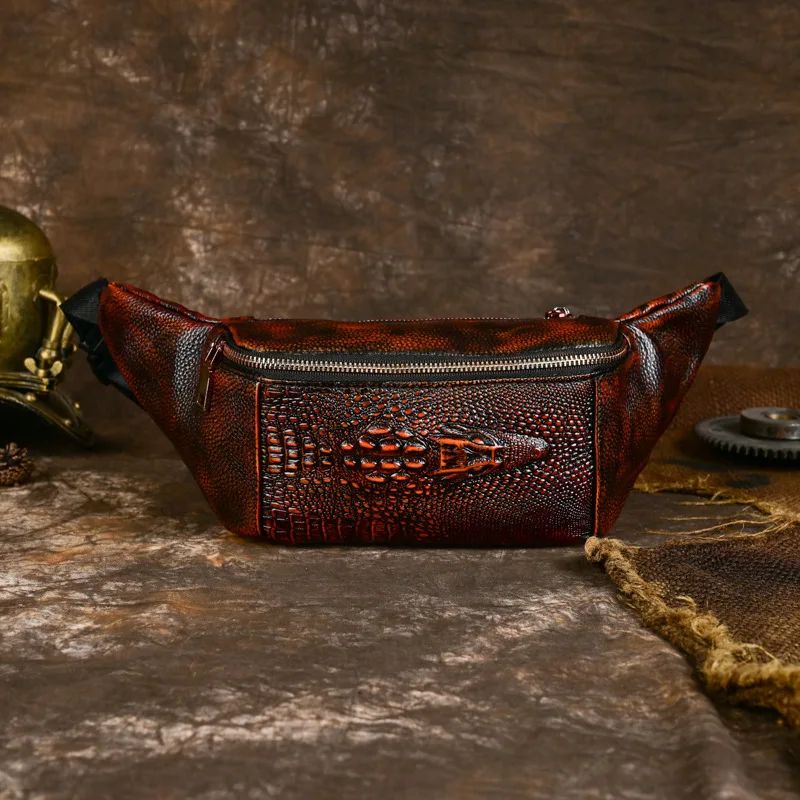 Vintage Cowhide Leather Waist Pack for Men, Outdoor Sports Chest Bag with Crocodile Pattern