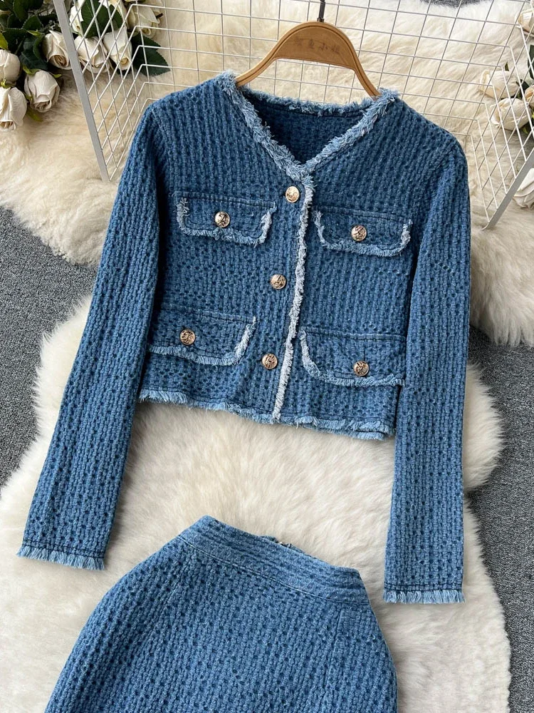 Women Office Lady Knitt Denim Suits Long Sleeves Autumn Blouse+Split Long Skirt Vintage Fashion Designer Jeans 2 Piece Sets 2024