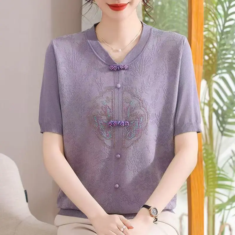 

New Summer Chinese Style Short Sleeved Fashionable Middle-aged and Elderly Thin Top
