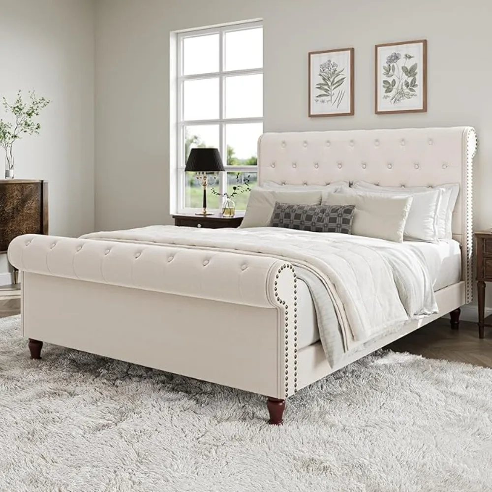 

Queen Bed Frame Sleigh Bed Frame with Headboard and Footboard Upholstered Platform Bed Frame No Box Spring Needed