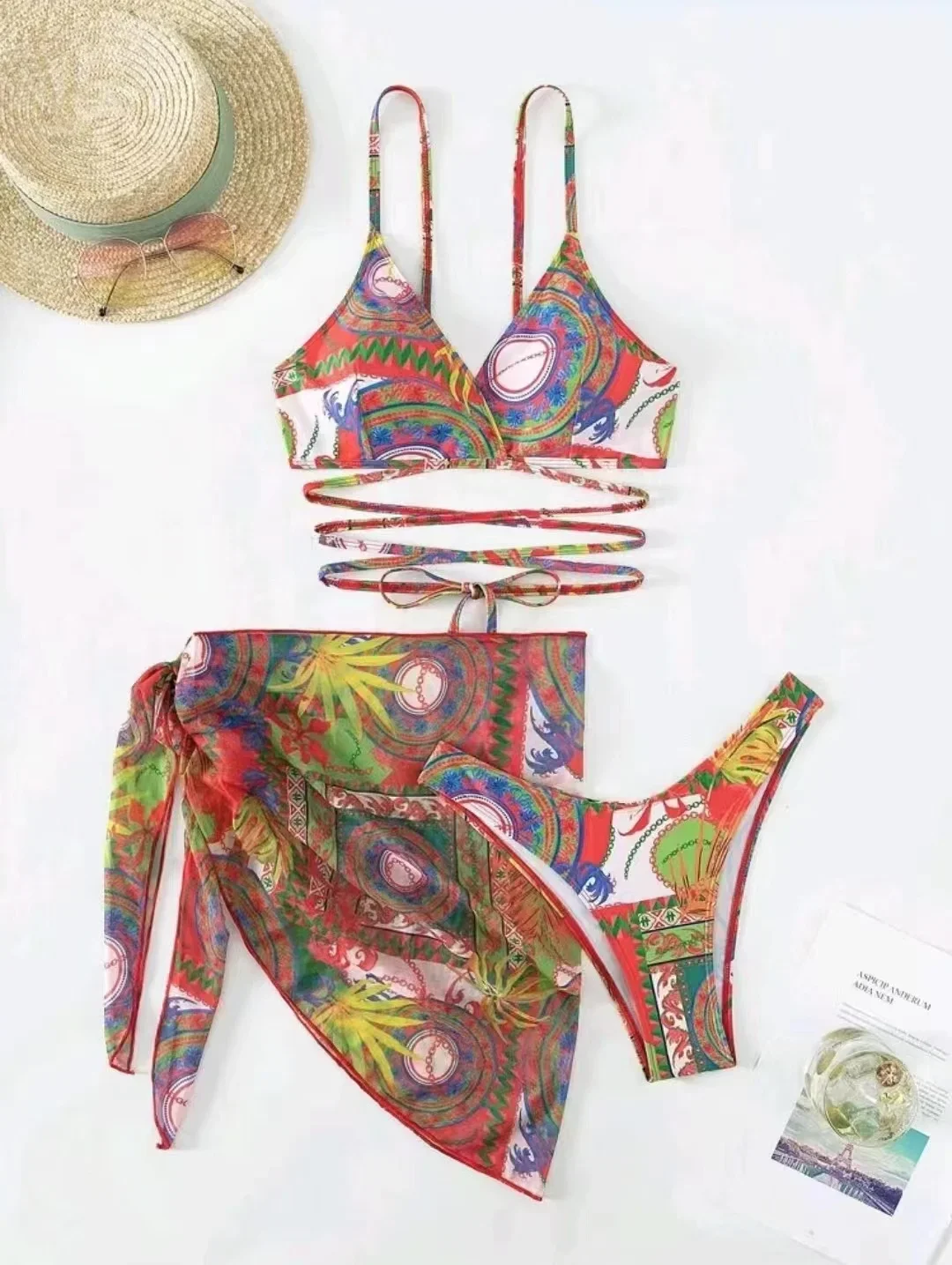 3 Buah Bikini Tali 2024 Baju Renang Wanita Seksi dengan Rok Pakaian Renang Cetak Wanita Mandi Pakaian Renang Pakaian Pantai