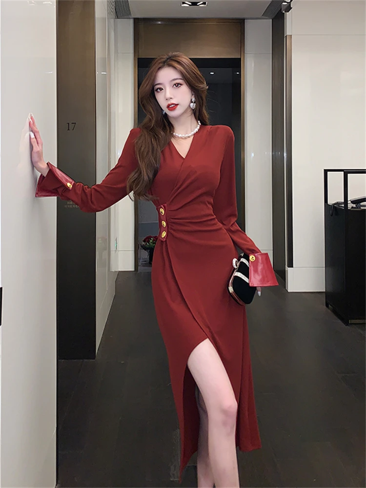 Women Dress Long Maxi Red Vestidos Elastic Bodycon Womens Dresses Spring Evening Female Vintage Sexy Slim Skinny Winter