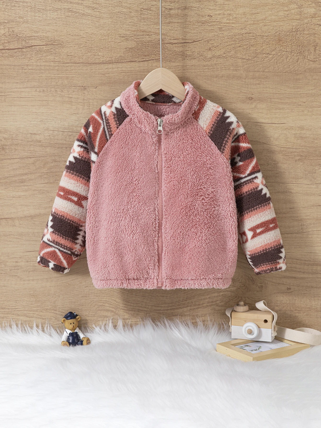 Girls Fleece Jacket Pink Aztec Print Spliced Sleeve Zip Up Coat Kids Winter Warm Sherpa Outerwear Toddler Girl Casual Wear