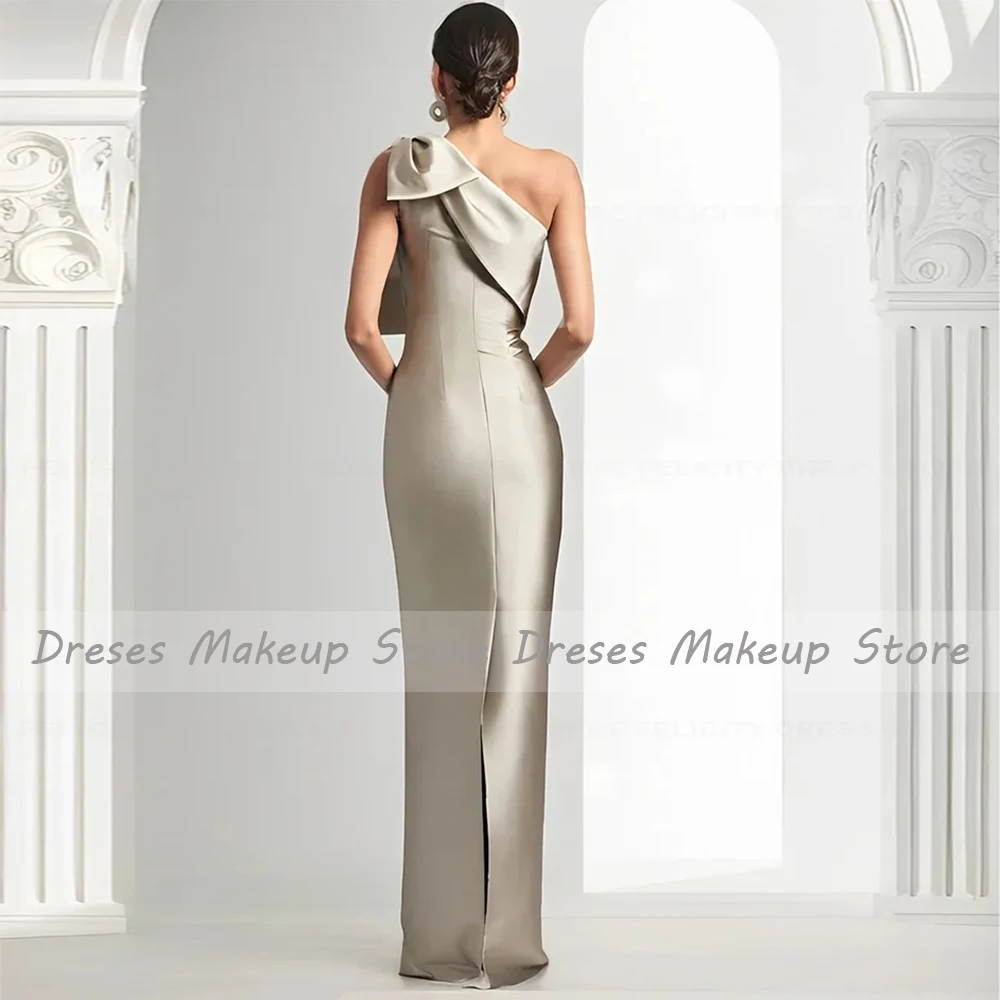 Pewter Satin Evening Dress One Shoulder Bow Sleeveless Column Evening Gowns for Women 2024 Trumpet Elegant Wedding Party Dresses