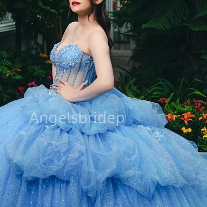 Angelsbride Sky Blue Tiered Glitter Tulle Vestido De 15 Quinceañera Appliques Ball Gown Quinnceanera Dresses