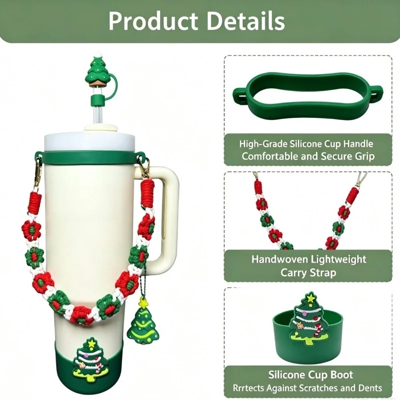 5pcs/set Christmas Tree Cup Holder for Stanley 40oz Tumbler Silicone Straw Topper Cup Boot Protector Ornament Pendant Decorative - view 4