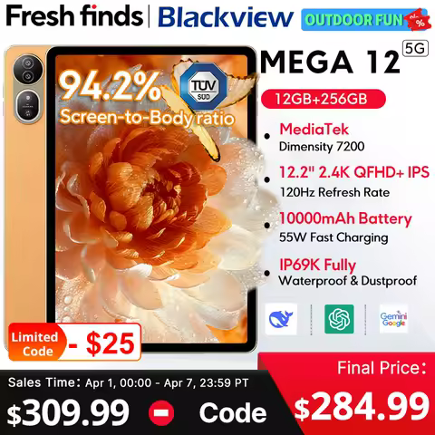 Blackview MEGA 12 Tablet 5G Dimensity 7200 CPU 12.2" 2.4K 120Hz Display IP69K Waterproof 50MP 10000mAh Pad PC