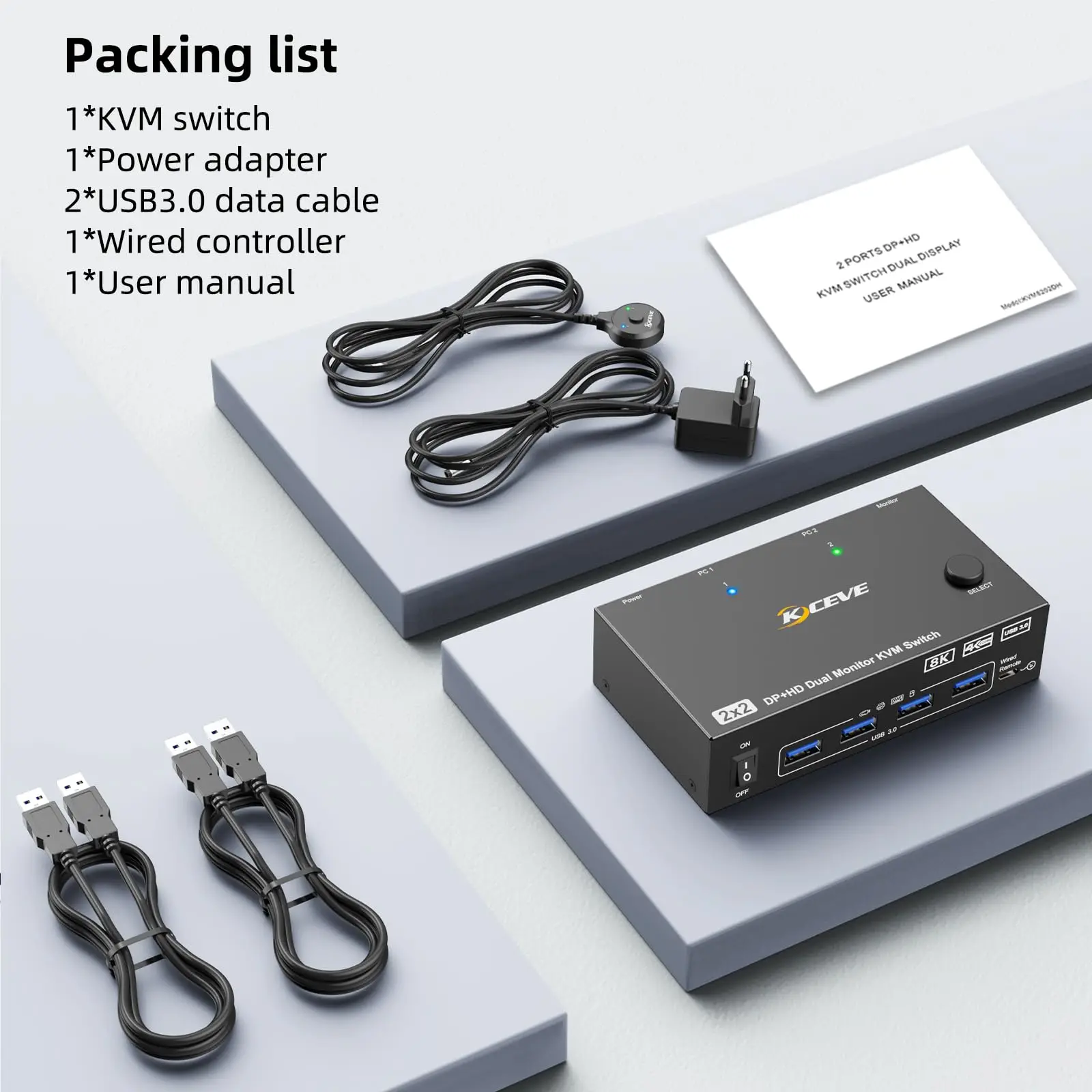 NEW KCEVE Dual Monitor KVM Switch 2 Port, 8K@60Hz 4K@144Hz HDMI+DP