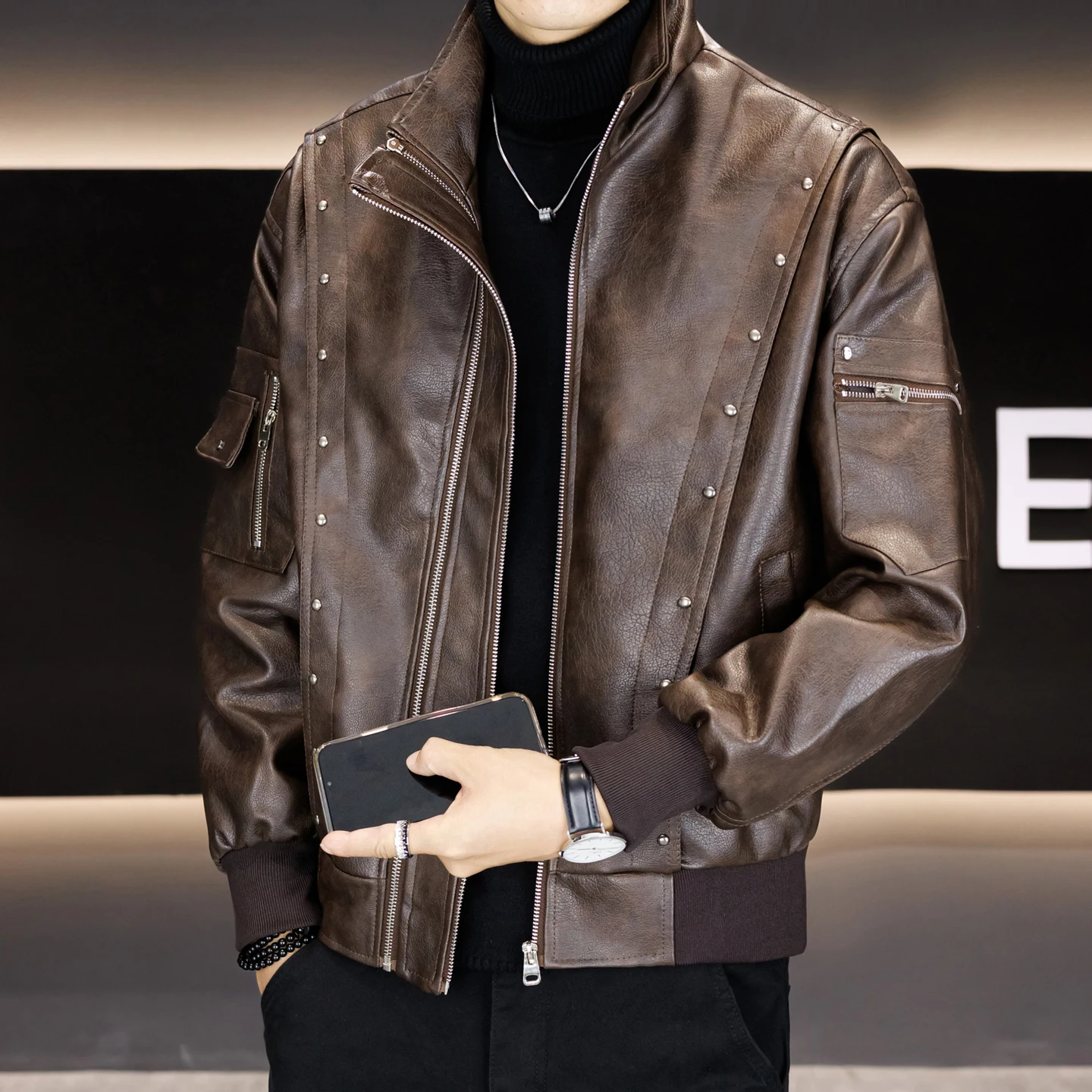 

Vintage American Motorcycle Leather Jaet Men's Casual Patchwork Stand Collar Leather Coat Sli Autumn Spring Outerwear