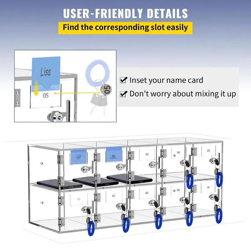 Cell Phone Storage Locker, 10 Slots Acrylic Material with Door Locks and Keys, Wall-Mounted Cabinet Pocket Office Classroom Gym Box, Clear - view 6
