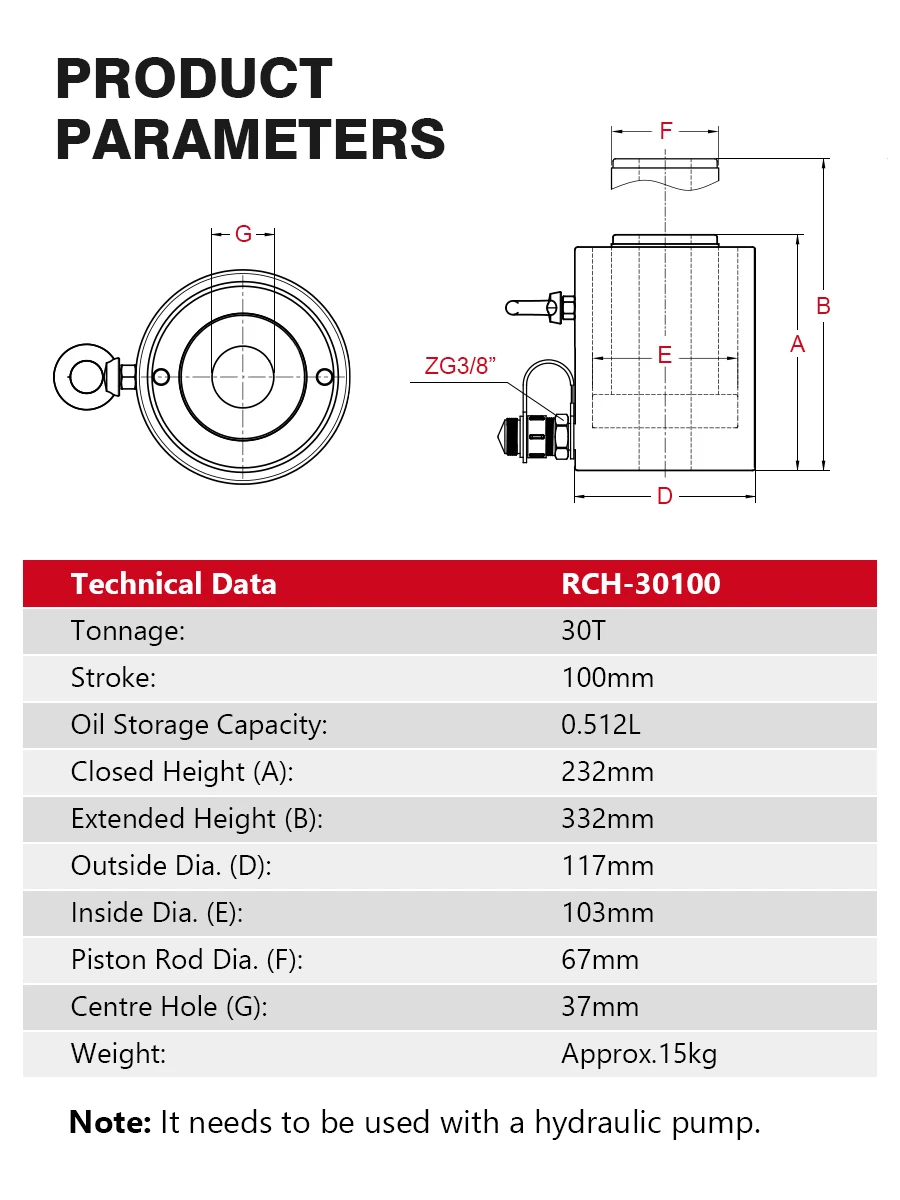 Hydraulic Hollow Plunger Jack 30ton 100mm Hollow Plunger Ram Hydraulic Hollow Cylinder RCH-30100 Hydraulic Lifting Maintenance