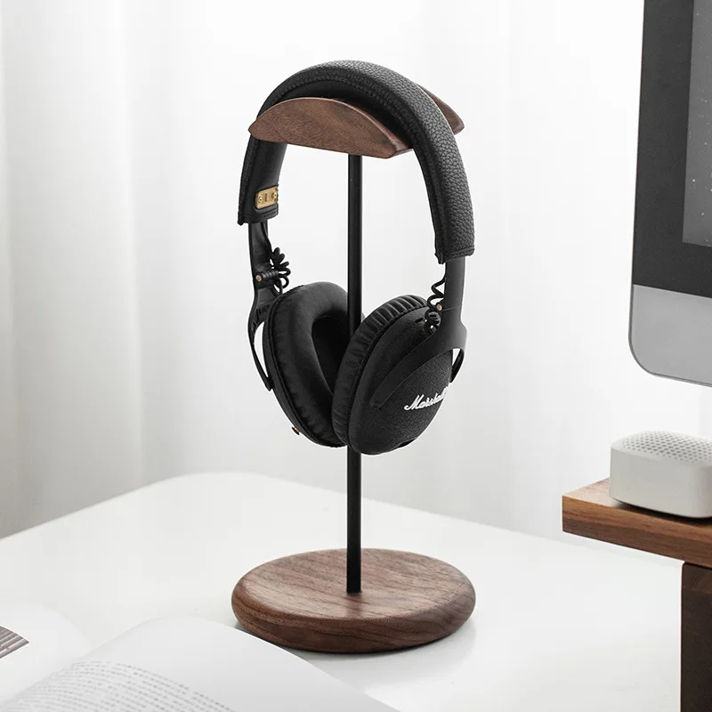 HeMu Black Walnut Solid Wood Headphone Stand Simple Headphone Display Stand Desk Store Headphone Hanging Rack Desktop Decoration