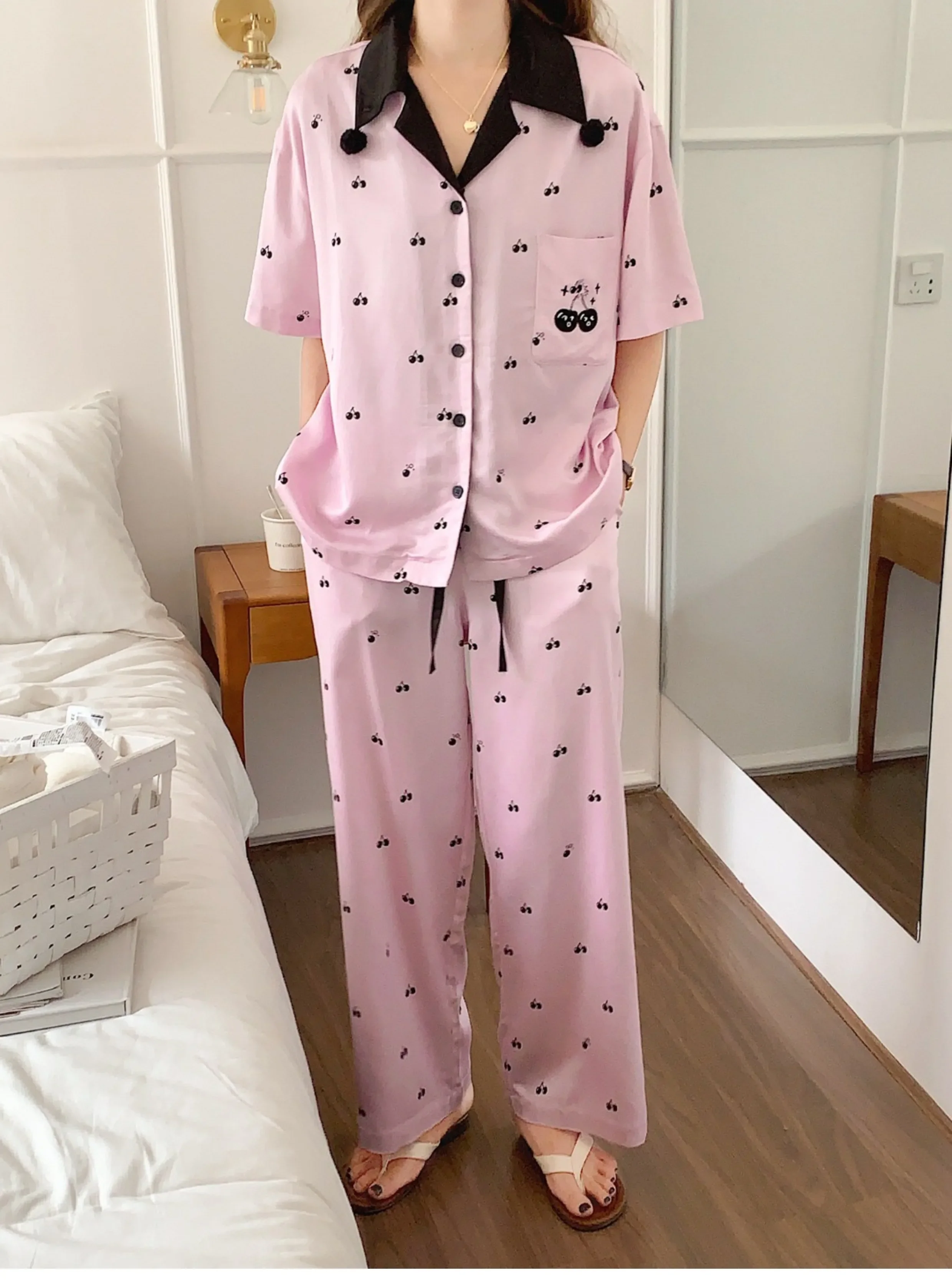 Pajama Sets Women Sweet Pink Short Sleeve Lapel Shirt and Lace Up Sleeping Pants Sleepwear Contrast Color Girls Cute Home Cloth