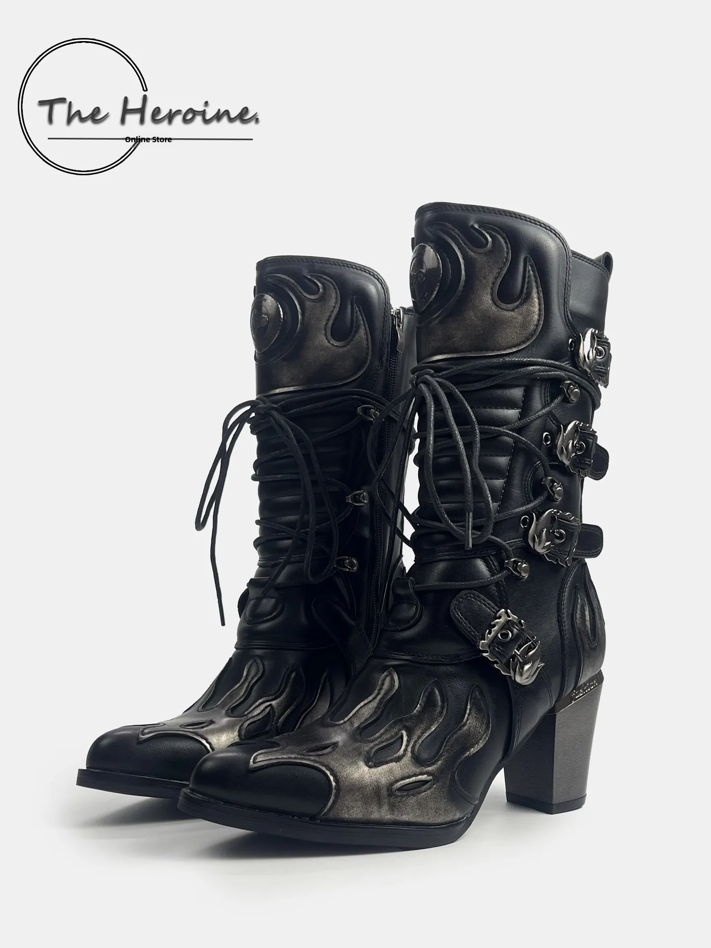 

Женские кожаные сапоги ручной работы в стиле панк-вестерн, с острым носком, средней высоты, с огненным узором, модные, брендовые, в стиле героинь