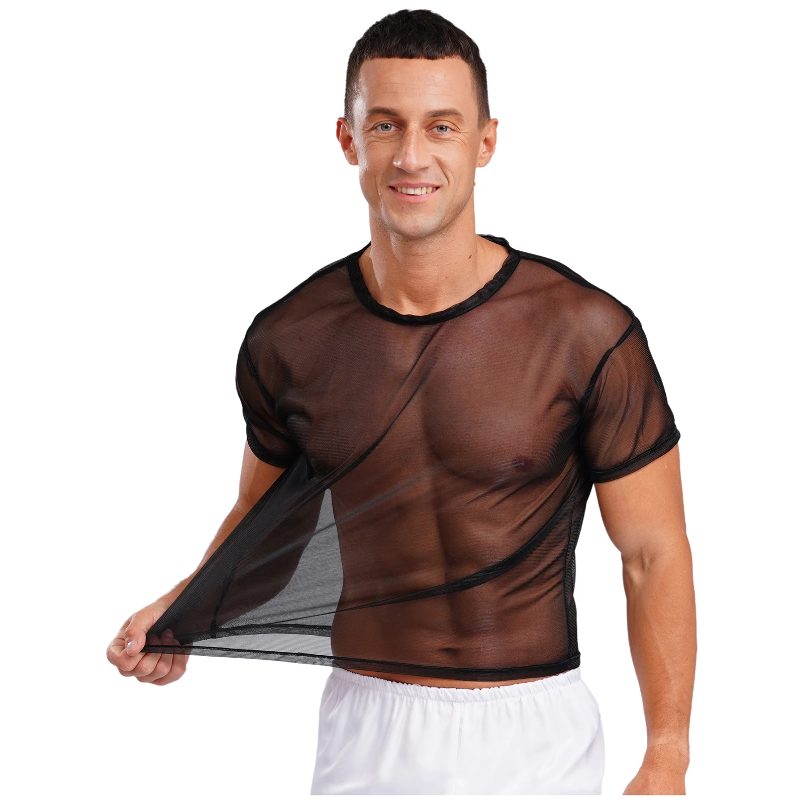 

Men Glittery See Through Sheer T-shirt Short Sleeves Shiny Silky Showing Muscle Shirts Fashion Party Tops Bar Nightclub Wear