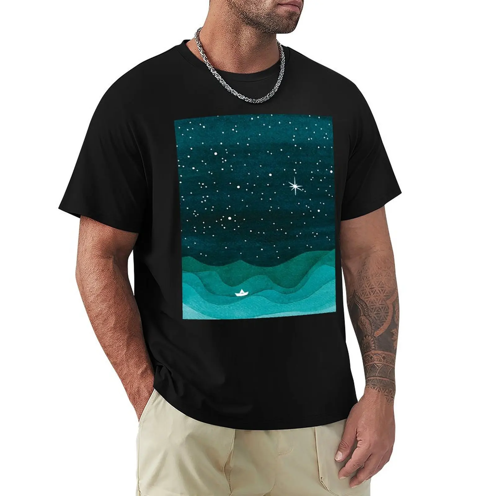 Starry Ocean, teal sailboat watercolor sea waves night T-Shirt Summer Holiday Casual Tee