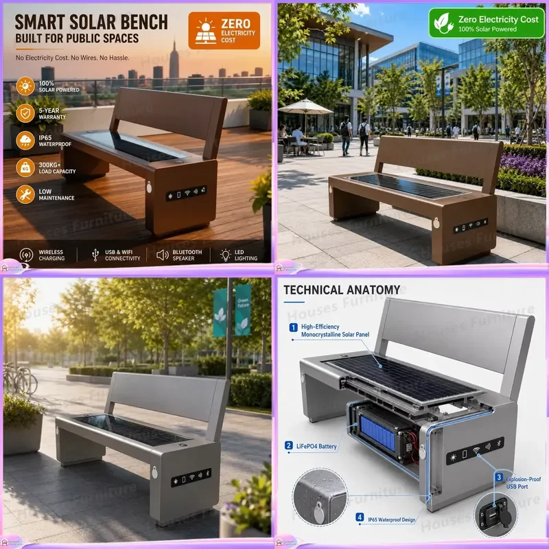200 Solar Powered Outdoor Bench IP65 Waterproof Garden Seat with Wireless Charging USB Port for Park Campus Street Furniture