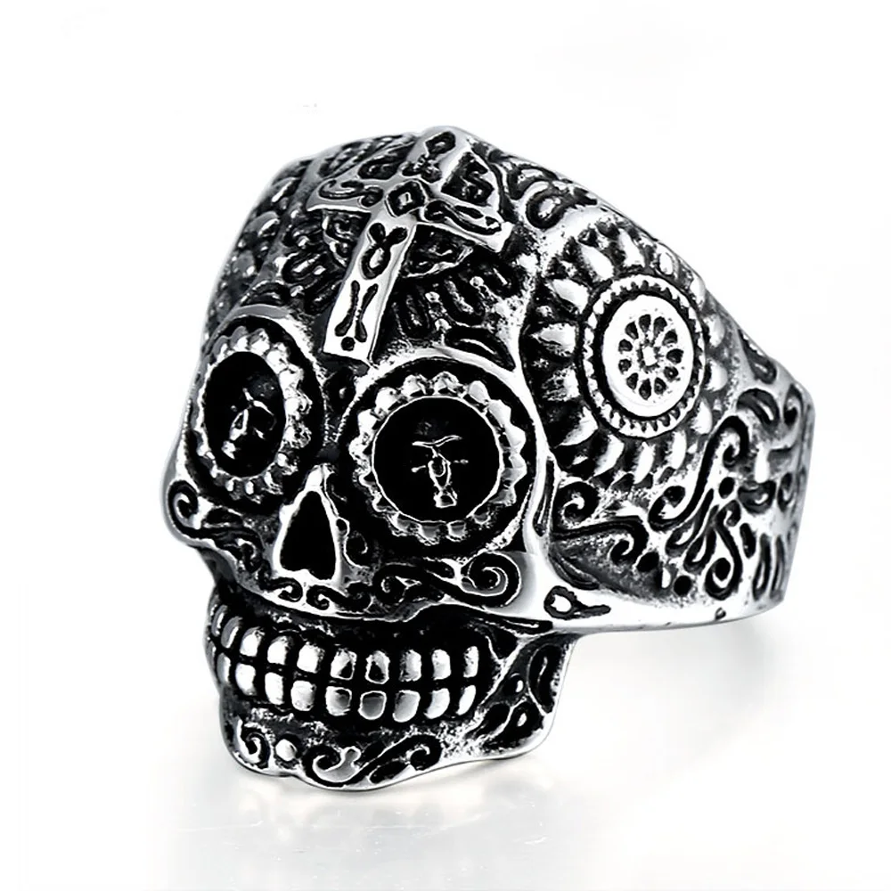 Bague rétro avec tête de mort et croix florale pour hommes, Steampunk gothique, anneau ouvert réglable, bijoux de motard, accessoires de rue, cadeau unisexe