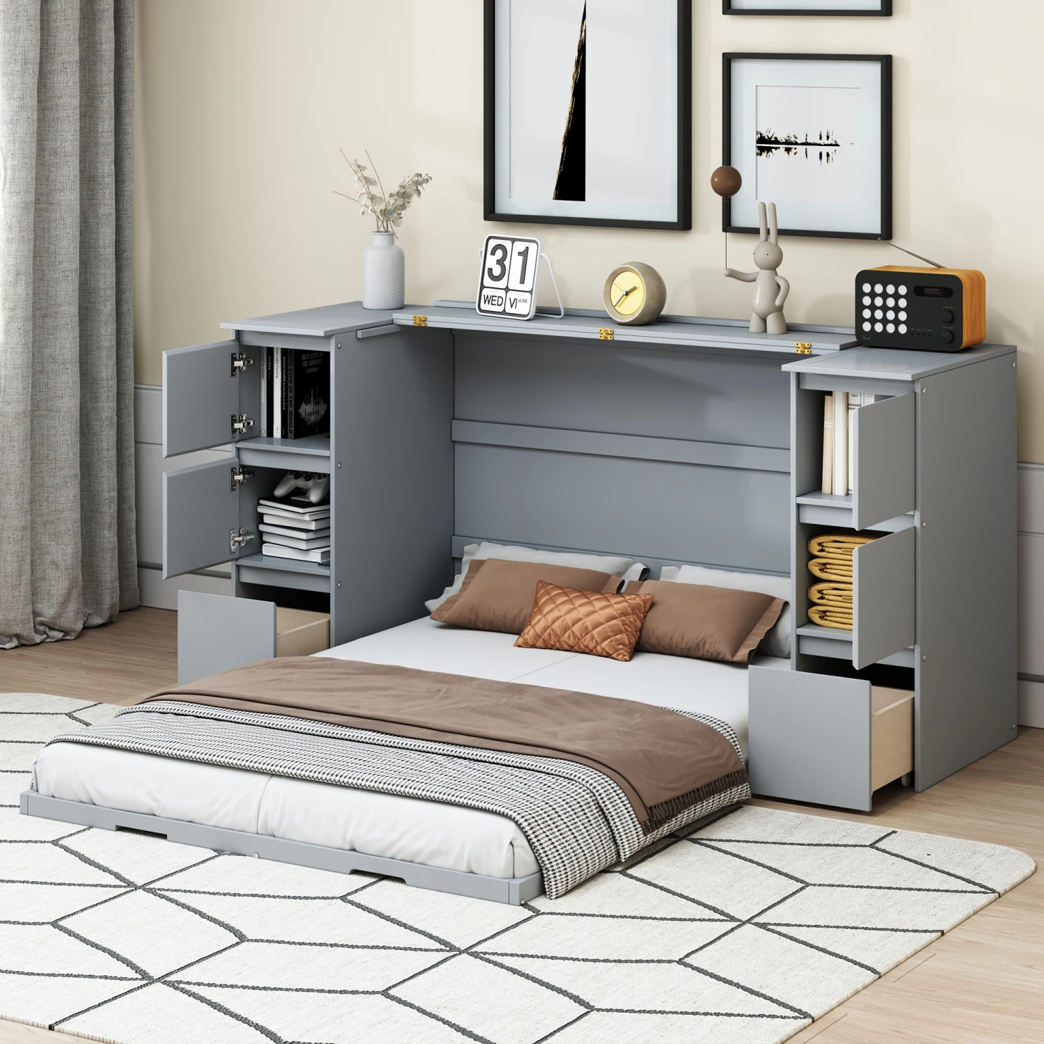 

Full Size Murphy Bed with Drawers, Cabinets, USB Ports - Gray