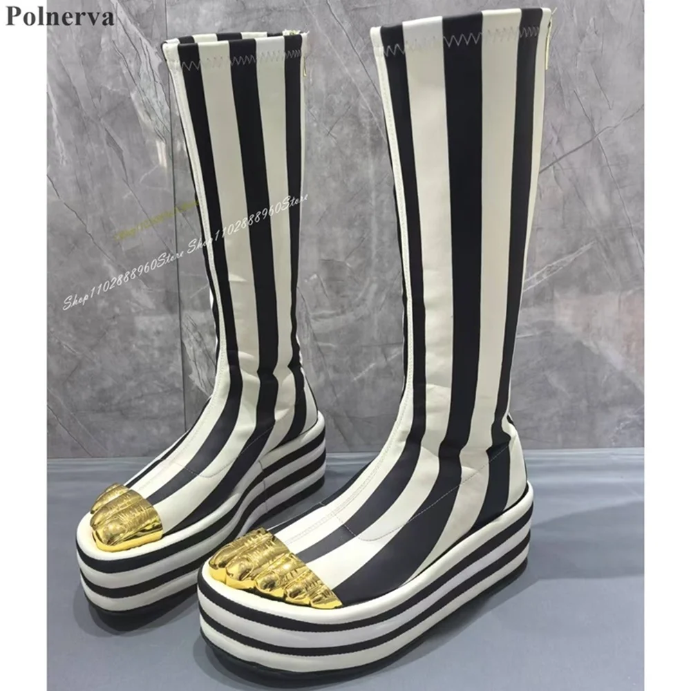 Mid Calf Stripe Thick Soled Fivefingers Boots Flat With Women Shoes Back Zipper Round Toe 2025 Fashionable Zapatos Para Mujere