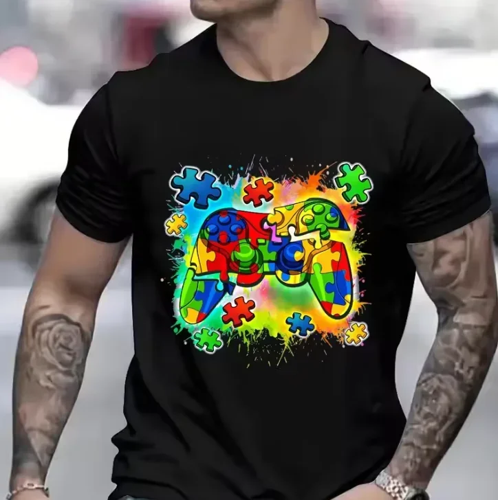 Autism Awareness Video Game Controller Boys T-Shirt Autism Awareness Month Men Tshirts Black T Shirts Summer Short Sleeve Tops